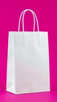 Blank white paper shopping bag with handles isolated on vibrant magenta background, ready for branding, packaging design, and retail mockup applications.