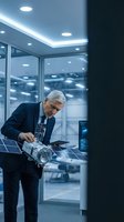 Senior male engineer with gray hair and light complexion, wearing dark business suit and tie, examining satellite model in modern office with floor-to-ceiling windows and LED ceiling lights.
