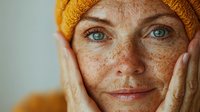 Close up portrait of mature Caucasian woman with bright blue eyes, ginger hair, and natural freckles wearing yellow beanie hat showing authentic aging beauty.