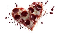 Heart-shaped pizza slice with pepperoni toppings and melted mozzarella cheese on white background with red sauce splatter effect, isolated for creative designs.