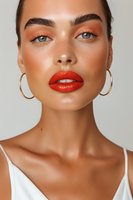 Close up portrait of young woman with bronzed glowing skin, bright red lipstick, coral eyeshadow and gold hoop earrings against light background. Professional makeup look.