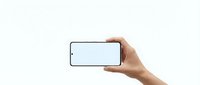 Female hand holding smartphone with blank white screen in horizontal position against clean white background for mockup and app presentation.
