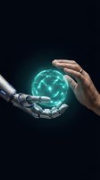 Robot hand and human hand holding glowing digital globe with network connections on dark background. Concept for artificial intelligence, technology collaboration, global communication, and future innovation.
