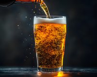 Golden beer pouring into pint glass with splashing foam and bubbles against dark background, dramatic lighting highlights amber liquid and carbonation.