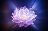Glowing lotus flower in pink and purple hues radiates spiritual energy against dark background with light beams and sparkles, creating mystical atmosphere.