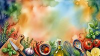 Watercolor cooking ingredients arranged on colorful background with fresh vegetables, herbs, olive oil, and spices for culinary, recipe, and food design projects.