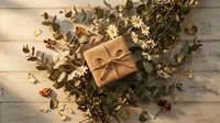 Rustic gift box wrapped in kraft paper with twine bow surrounded by dried eucalyptus branches and chamomile flowers on weathered wooden background.