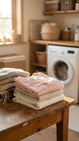 Stack of neatly folded clean laundry clothes on wooden bench in cozy laundry room with washing machine and natural sunlight for household chores.