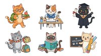 Cartoon cats with various activities and professions, isolated on white background. Includes ginger cat holding gifts, tabby cat playing chess, black cat in graduation gown, gray cat with backpack, brown cat reading books, and cream cat at chalkboard. Suitable for children's educational materials, stickers, t-shirt designs, and clipart applications.