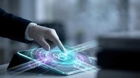 Gloved hand touching holographic digital interface with glowing cyan and purple waves on tablet, representing technology innovation and futuristic interaction.