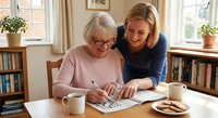 Senior woman with glasses and adult daughter working together on crossword puzzle at home table with coffee cups and books in cozy living room setting.