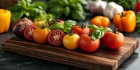 Fresh heirloom tomatoes in various colors arranged on wooden cutting board with basil leaves, bell peppers and garlic in background, food photography.