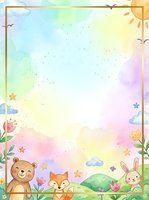 Watercolor kids border with cute bear, fox and bunny in a colorful garden with flowers, stars and clouds, gold frame with copy space.