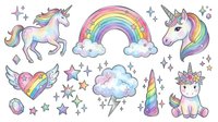 Magical unicorn and rainbow isolated clipart set with pastel colors, clouds, stars, and wings on transparent background. Perfect for children's designs, t-shirts, stickers, and creative projects.