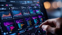 Financial trading screens with colorful charts, graphs and market data analysis on multiple monitors. Finger pointing at digital display showing stock market trends.