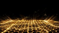 Golden digital grid surface with glowing hexagonal pattern and light rays, representing technology, data network, and futuristic digital landscape for tech backgrounds and presentations.