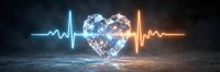 Crystal heart with glowing heartbeat pulse lines on dark background. Medical cardiology concept for healthcare, love and life energy visualization.