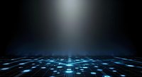 Digital grid floor with glowing blue light rays and data nodes, representing technology, cyberspace, and digital transformation for tech backgrounds and presentations.