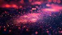 Glowing spiral pattern with red and purple bokeh lights on dark background creates futuristic digital fingerprint visualization effect for security concept designs.