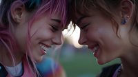 Young Asian women with pink hair sharing intimate moment outdoors, expressing genuine joy and connection against blurred natural background at sunset.