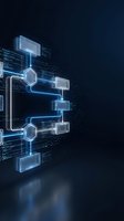 Futuristic digital network flowchart with glowing blue circuit connections and data nodes on dark background for technology presentations.