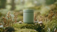 Minimalist sage green reusable coffee cup on natural moss with pebbles against blurred forest background, eco-friendly lifestyle concept.