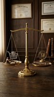 Brass balance scale with shopping cart and commercial law symbols on wooden desk in law office with framed certificates and legal books in background.