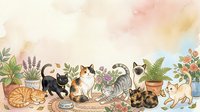 Watercolor illustration of cats and kittens playing among potted plants, flowers, and garden elements on isolated white background for design projects.