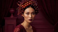 Asian woman with elaborate copper wire and glowing orb headdress, wearing burgundy beaded garment against deep red velvet curtains and classical interior backdrop.