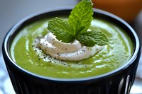 Fresh green pea soup garnished with cream swirl, black pepper and mint leaf in dark ceramic bowl, close up view of homemade vegetarian appetizer.