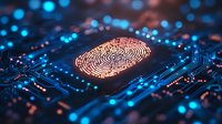 Glowing fingerprint scan on circuit board with blue technology elements. Digital biometric security concept showing electronic identification system.