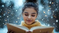 Young Hispanic woman in yellow sweater reading book with magical winter atmosphere, glowing sparkles and snowflakes creating dreamy ethereal mood. Cozy winter reading concept.