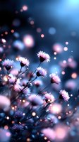 Delicate pink wildflowers against dark blue background with magical bokeh lights creating dreamy atmosphere. Soft focus nature photography for romantic designs.