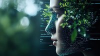 Digital profile silhouette with glowing particles and network connections merging with natural green foliage, representing harmony between technology and nature.