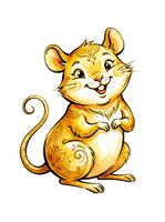 Golden smiling mouse with ornate decorative patterns, isolated on white background. Cheerful cartoon rodent character suitable for children's designs, greeting cards, and merchandise applications.