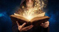 Hooded figure holding glowing magical book with golden sparkles and light emanating from pages against starry night sky background for fantasy storytelling.