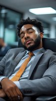 Young African American businessman in grey suit sleeping in office chair during work break, expressing exhaustion and workplace fatigue.