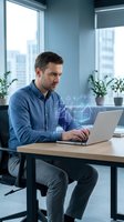 Caucasian businessman working on laptop with holographic house projection in modern office. Real estate technology and smart home automation concept.