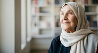 Senior woman wearing hijab and dark cardigan gazes upward thoughtfully indoors near bookshelf, expressing contemplation and wisdom.