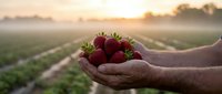 Fresh ripe strawberries cupped in farmer hands at sunrise over agricultural field rows. Organic berry harvest concept for healthy eating and farming.
