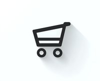 Simple black shopping cart icon with soft shadow on white background, minimalist design for e-commerce and retail applications.