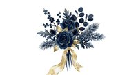 Elegant navy blue and gold floral bouquet with roses and eucalyptus leaves isolated on white background for wedding invitations and greeting cards.