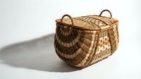 Handwoven wicker basket with lid and handles isolated on white background for home decor storage organization and rustic interior design projects.