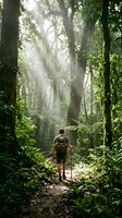 Hiker with backpack walking on forest trail through misty woodland with tall trees and lush green vegetation, suitable for travel and adventure concepts.