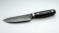 Professional Damascus steel kitchen knife with black handle isolated on white background for culinary design and cooking applications.
