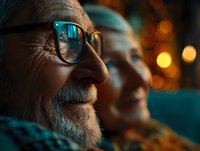 Senior man with glasses and gray beard in warm evening light with bokeh background for lifestyle and aging concepts.