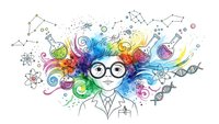 Young scientist with glasses surrounded by colorful scientific symbols, formulas and laboratory equipment in creative educational concept.