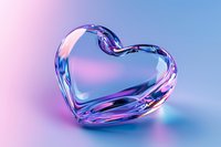 Transparent glass heart with iridescent reflections on pink and blue gradient background, romantic symbol with holographic effect and smooth curves.