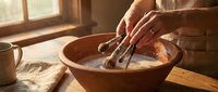 Hands mixing ingredients in rustic ceramic bowl with wooden spoon in warm sunlit kitchen. Traditional cooking and baking preparation scene.