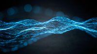 Abstract blue digital wave with glowing particles and bokeh lights on dark background for technology and data visualization concepts.